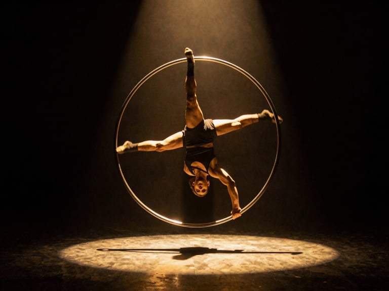 Cinematic performance photography of a Cyr Wheel artist spinning under a single dramatic golden spotlight, deep obsidian shadows, high-contrast rim lighting, 35mm.