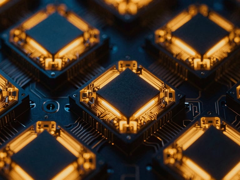 Macro shot of quantum computing components, glowing with harsh terminal amber light, intricate circuitry, high contrast, deep shadows, 35mm