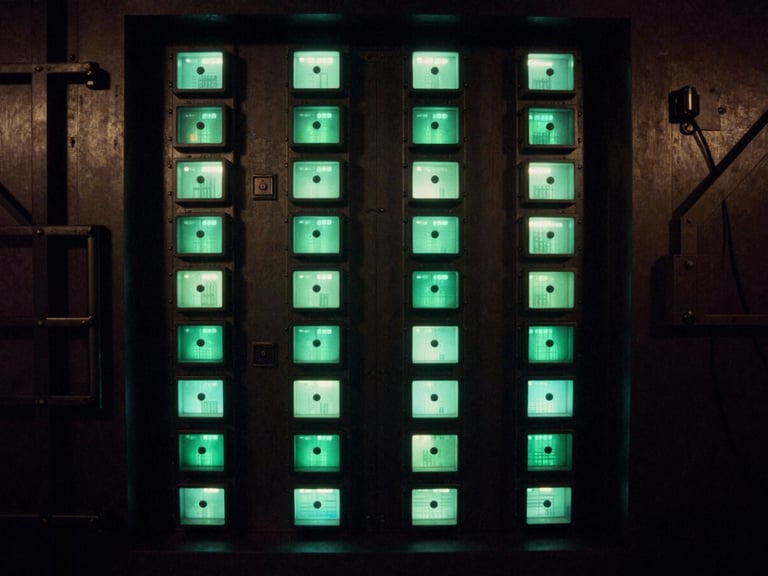 Abstract architectural lines of a secure data vault, imposing, high-contrast, terminal green light, deep shadows, 35mm