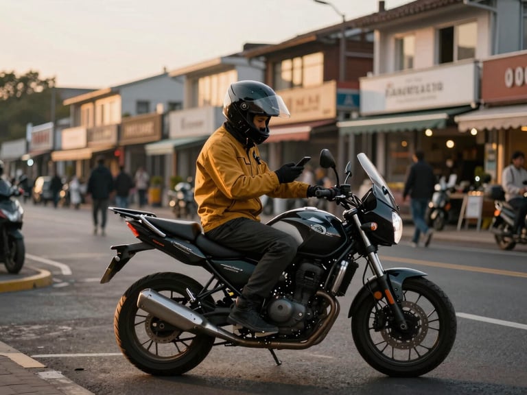 Wide landscape frame: GRide driver on motorcycle at a street-corner pickup point, helmet visor up, gloved hand checking phone screen for destination, evening golden-hour light from the left painting the tank and jacket in warm amber, busy urban shopfront row softly out of focus behind