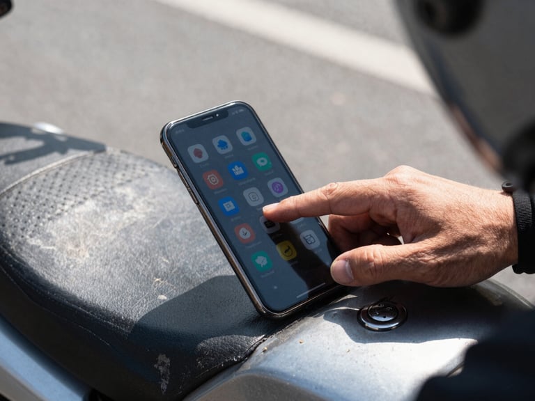 Tight landscape shot of a rider's thumb tapping a phone screen showing multiple service icons, shot from above on a worn motorbike seat, strong midday window light, pavement visible in shallow background focus