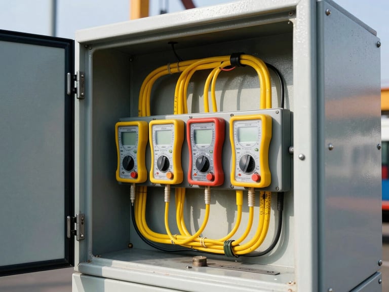 Close-up of an open crane electrical control panel, bright yellow wiring harnesses, multimeters, high-contrast lighting.