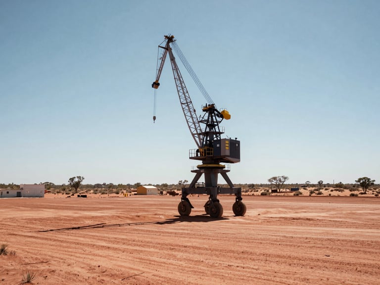 Wide environmental shot of a massive portal crane standing in a red-dirt Pilbara mining yard under harsh afternoon sun, high-contrast shadows.
