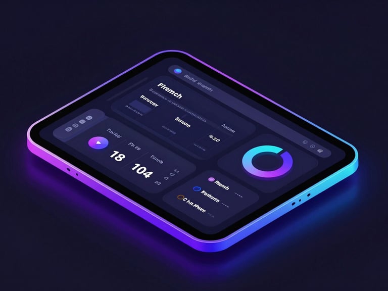 Isometric mockup of a dark mode dashboard on a tablet screen, glowing violet and cyan borders, glassmorphism UI elements, dark background