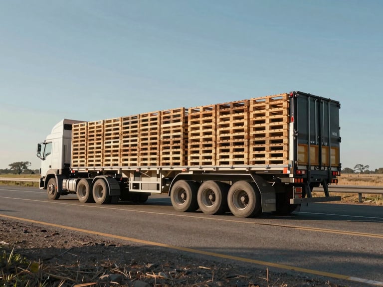 Wide-angle side view of a heavy-duty transport truck loaded with perfectly stacked wooden pallets on an Argentine highway, low horizon, direct sunlight casting long shadows.