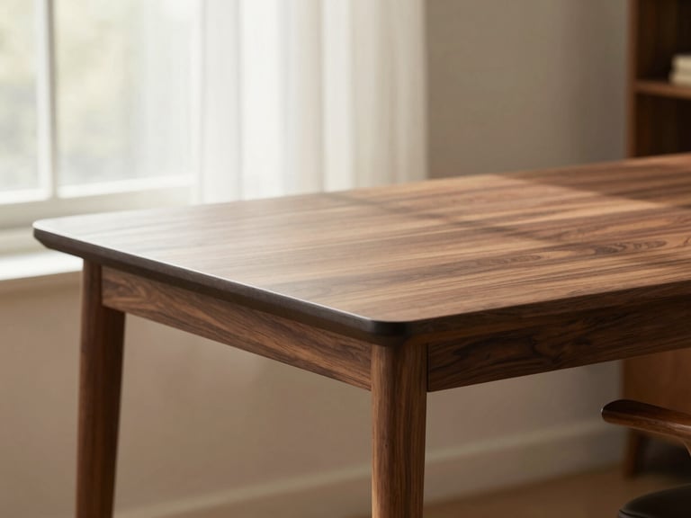 warm editorial photography of a solid walnut standing desk in a sunlit residential study, soft natural window light, rich wood tones, matte charcoal accents, shallow depth of field, 50mm