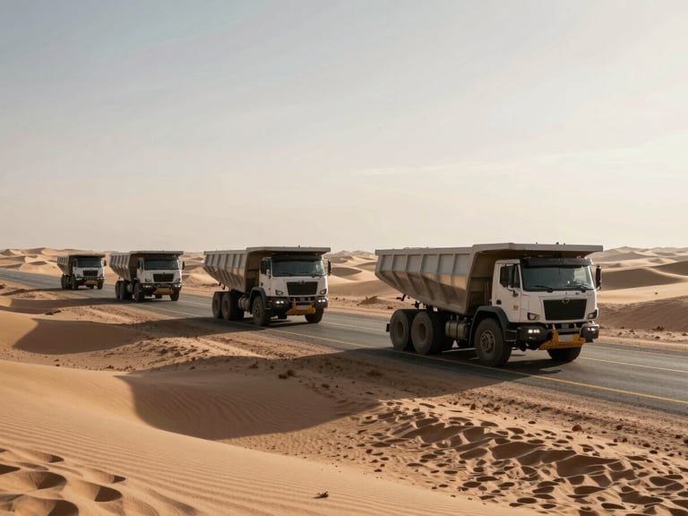 A fleet of heavy transport trucks driving on a desert highway during golden hour, long shadows stretching across the sand dunes, high-contrast industrial editorial photography