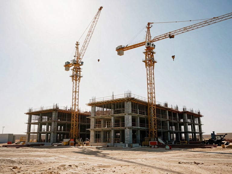 Low-angle monumental shot of heavy machinery and cranes on a massive construction site in the desert, harsh daylight with deep shadows, steel structures rising against a bright sky, industrial editorial style, 35mm