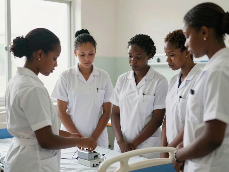 Medium shot of nursing students in white uniforms gathered around a hospital bed in a clinical training room, natural window light from the left, one student focused on adjusting equipment while others observe, institutional walls visible in background, Haitian faces, professional concentration