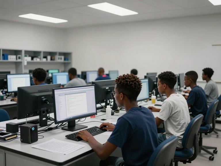 Wide medium shot of a Haitian university technology lab, students seated at workstations with monitors displaying code, overhead diffuse daylight from skylights, calm focused atmosphere, institutional white walls with equipment racks visible in the far background