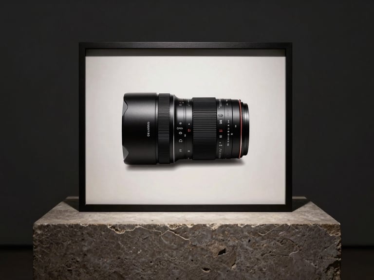 Symmetrical, museum-quality gallery framing of a sleek hardware device resting on a heavy stone plinth, deep shadows.