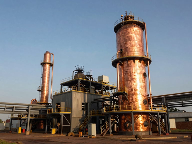 Wide environmental shot of a modern copper processing facility in Zambia, rich copper tones under dramatic golden-hour sunlight, industrial scale