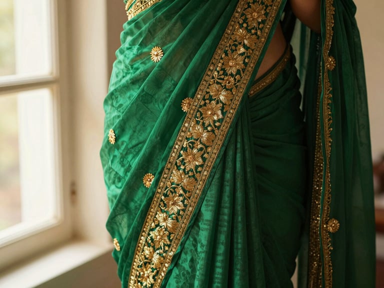 Close-up of intricate gold zari embroidery on a deep emerald green silk saree, soft natural window light highlighting the textile texture