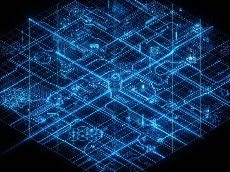 Isometric 3D render of a glowing digital map grid, electric blue coordinate lines pulsing on a deep black background, tech infrastructure style.