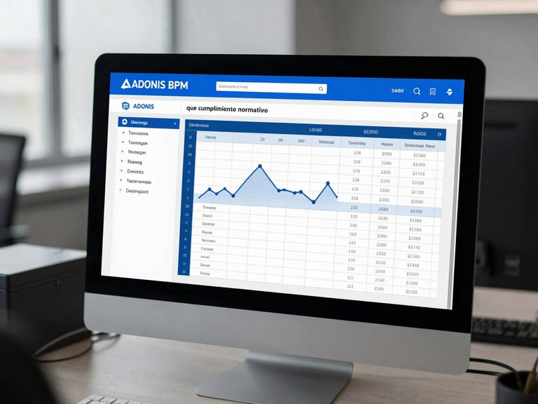 Pantalla de control de cumplimiento normativo en ADONIS BPM, mostrando gráficos de control y matrices de riesgo en una interfaz corporativa limpia.