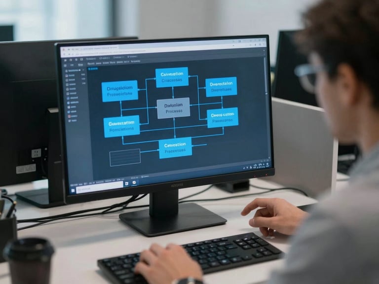 Primer plano de un analista de procesos interactuando con un diagrama de flujo digital en la suite ADONIS, iluminación de oficina moderna con sutil brillo de pantalla azul.