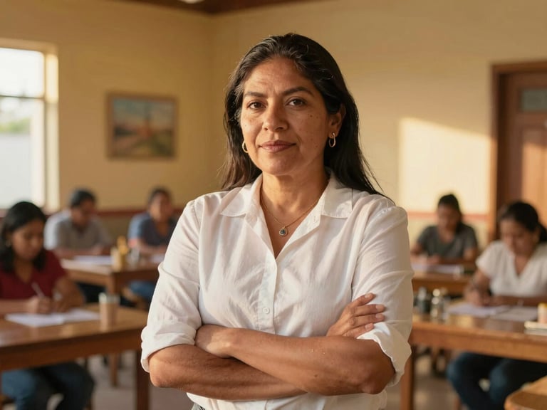 Dignified portrait of a Latin American woman standing confidently in a bright community center, warm golden hour daylight, rich authentic tones, 35mm lens