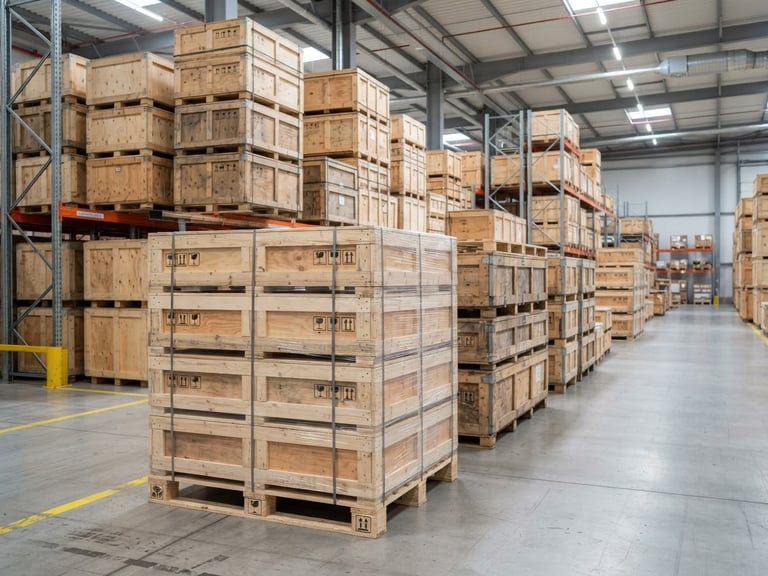 Industrial warehouse interior with stacked export crates, bright neutral lighting, clean commercial catalog style