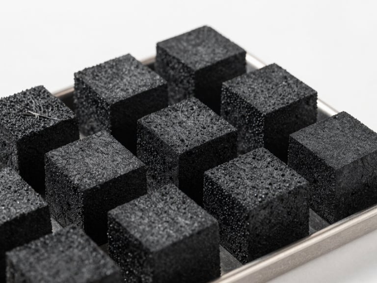 Natural coconut charcoal cubes arranged on a metallic tray, crisp side-lighting, macro detail shot, commercial catalog style
