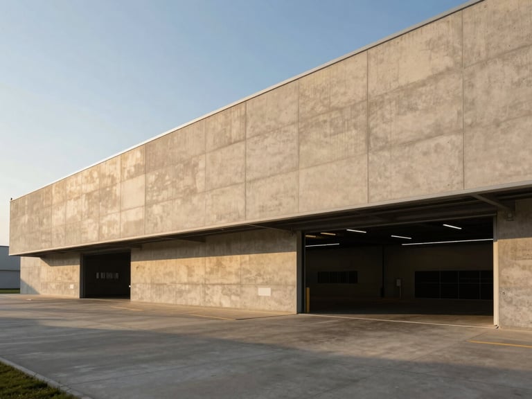 Wide-angle architectural photography of a massive modern concrete logistics terminal, dramatic golden hour light, sharp shadows, warm beige tones