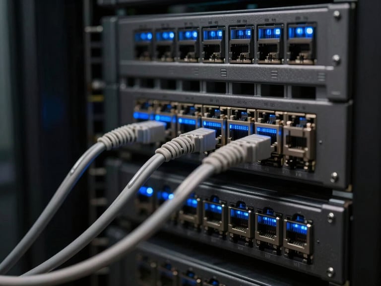 Macro shot of cold blue server rack status lights in a dark data center, high-contrast technical minimalism, sharp focus on ethernet cabling, 35mm lens.