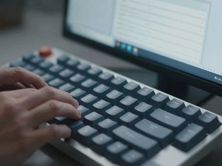 Macro close-up, crisp corporate photography, cool overcast daylight, desaturated blue and slate tones, sharp focus, 35mm, hands on a modern mechanical keyboard, screen showing a structured software interface with data entry fields, a subtle glow from the monitor.