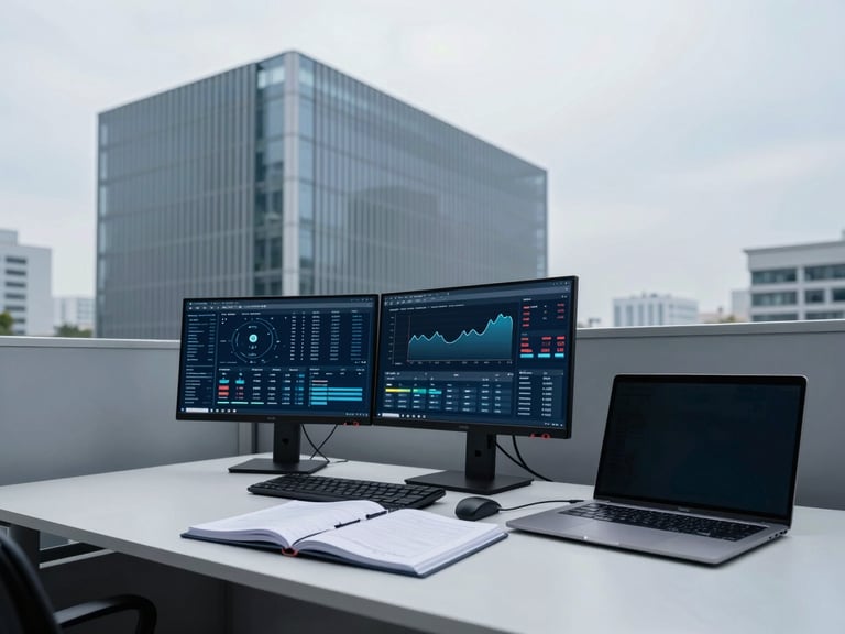 Wide-angle architectural view, crisp corporate photography, cool overcast daylight, desaturated blue and slate tones, sharp focus, 35mm, a modern corporate office desk with dual monitors displaying a complex financial dashboard and a physical ledger book open beside a sleek laptop.