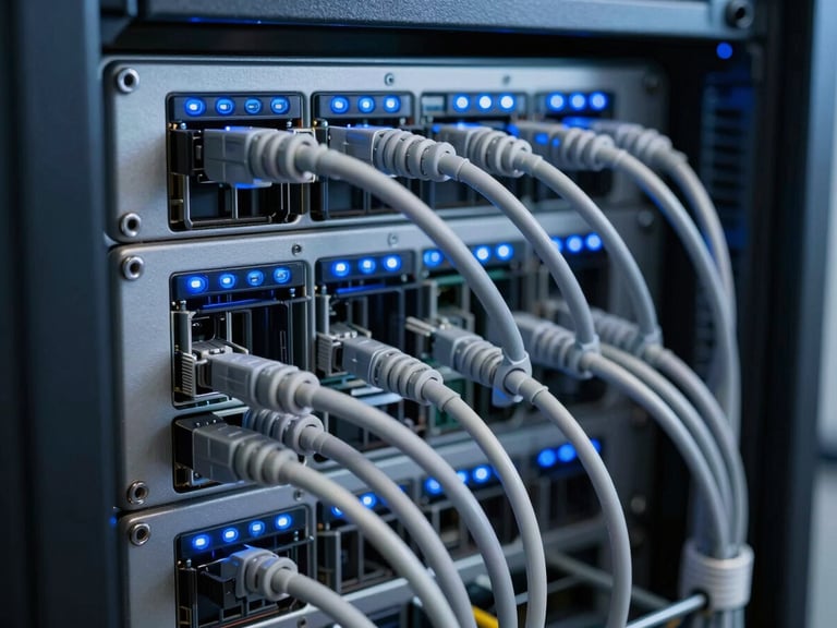 Macro shot of a clean server rack interface, cool blue status lights blinking, precise cables organized in parallel lines, clinical daylighting.