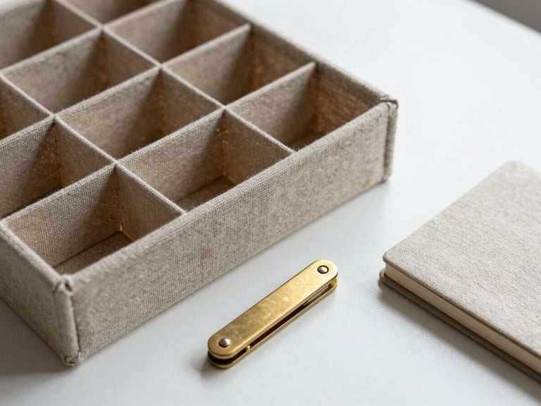 An eye-level close-up of a structured canvas organizer and a minimalist brass pocket tool resting neatly next to a small linen notebook on a clean white desk with soft natural side lighting.