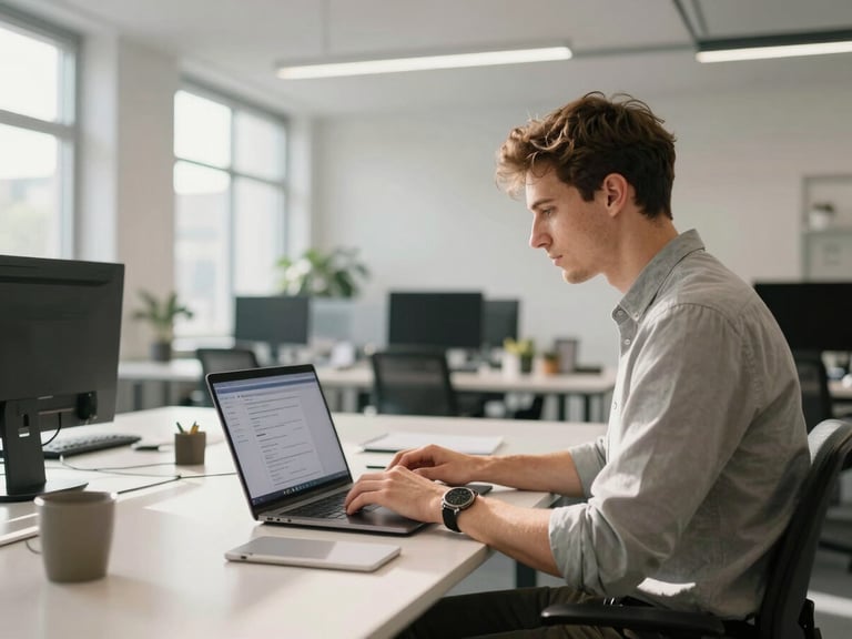 Wide environmental shot of a modern, light-filled Munich office workspace, a young founder in smart-casual attire working on a laptop showing clean digital interfaces, bright natural daylight, soft clean shadows.