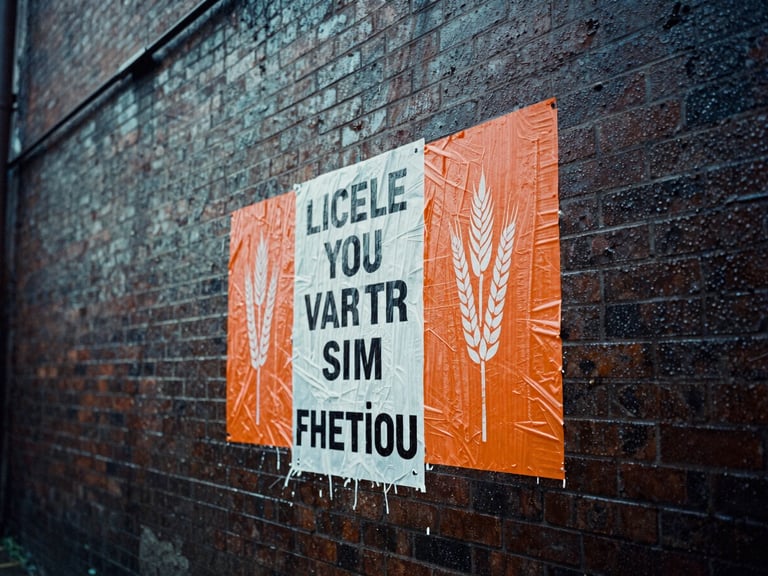 Low-angle street-level 35mm film photograph of wheatpasted posters on a textured, rain-slicked brick wall in an overcast industrial alley, harsh shadows, safety orange accents.