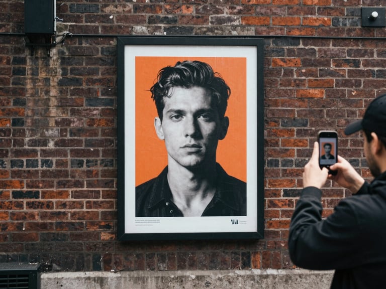 A person photographing a striking poster on a brick wall with a smartphone, overcast urban daylight, gritty film aesthetic.