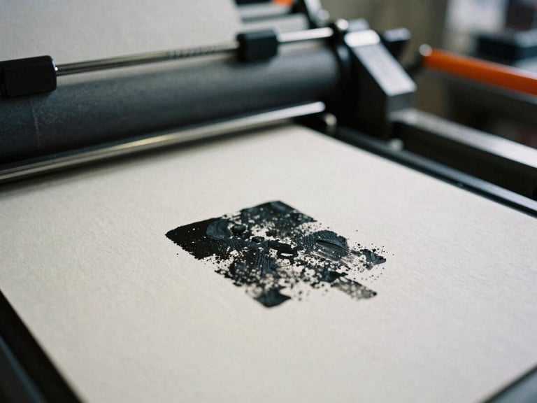 Extreme close-up of heavy black ink pressing onto raw cream paper in an industrial letterpress shop, harsh shadows, 35mm film.