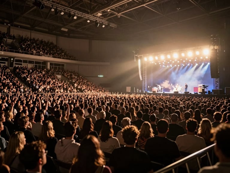 Wide-angle environmental shot of a packed European concert arena during a performance, dramatic warm stage backlighting, silhouettes of the crowd, professional production setup.