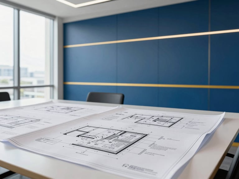 Daylight-filled modern logistics boardroom, architectural details, blueprints and operational flowcharts laid out on a large table, clean minimalist aesthetic.