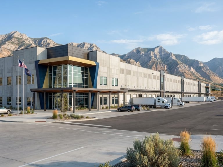 Crisp architectural photograph of a modern high-end logistics hub exterior in Utah, bright morning light, clean concrete lines, sharp focus, 35mm lens.