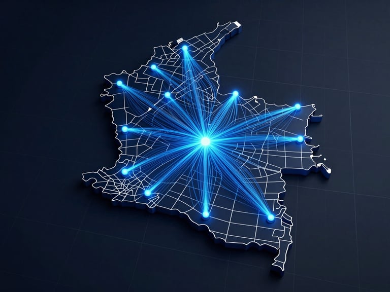 Overhead wide-angle 3D render of a Colombian regional map showing eight mid-sized municipalities connected by glowing blue fiber lines, electric-blue pulse nodes mark each town, dark navy background with crisp white grid lines, isometric cartographic style, sharp studio digital lighting, no text labels