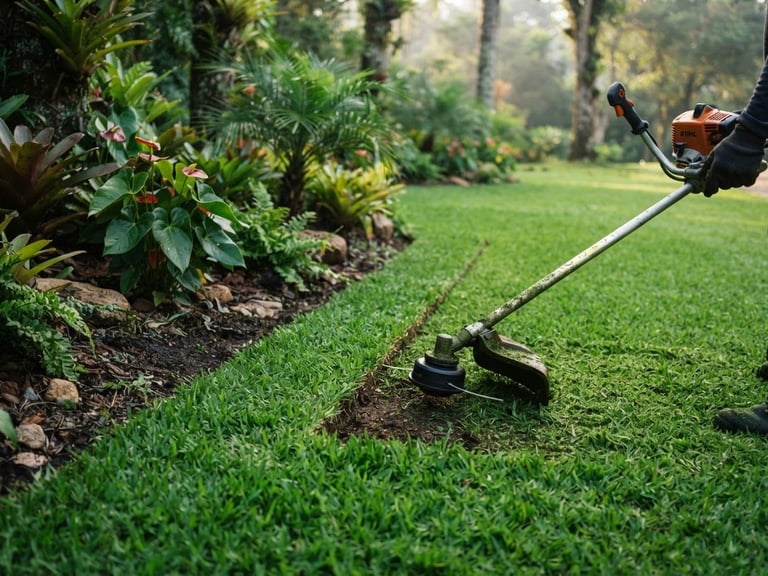 Close-up of clean, freshly cut lawn borders with a professional trimmer visible, soft morning light, rich green Brazilian garden, sharp focus