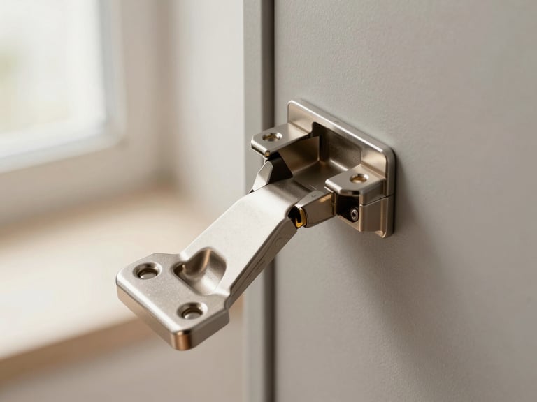 Macro close-up shot of a sleek matte gray cabinet hinge, soft daylight highlighting the clean metal joint and precise craftsmanship.