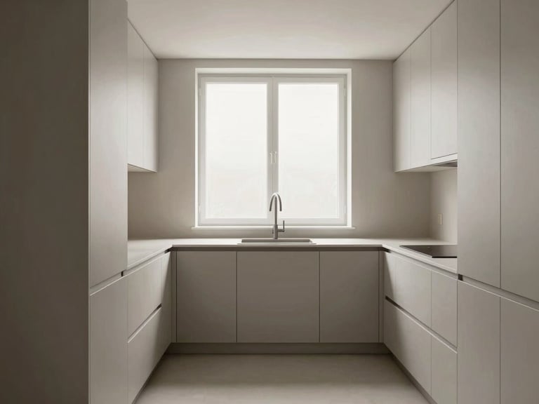 Straight-on architectural shot of a minimalist kitchen with custom warm gray cabinetry, soft natural window light, clean vertical lines, editorial interior photography style.