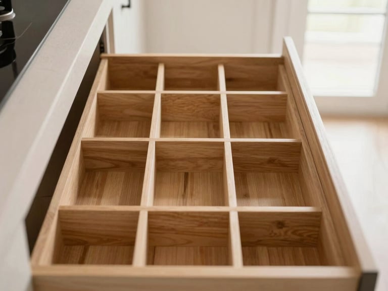 Straight-on architectural detail shot of an open deep kitchen drawer, perfectly organized wooden compartments, soft natural side lighting.