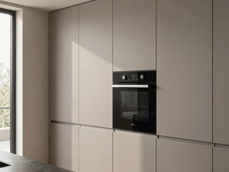Architectural shot of a modern kitchen wall, high-end oven perfectly flush-integrated into tall warm gray lacquer cabinets, clean vertical lines.