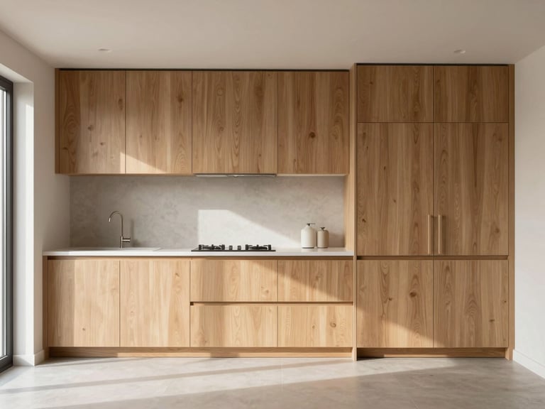 Straight-on architectural shot of a minimalist custom kitchen with warm oak cabinetry, soft natural daylight pouring in, clean lines, high-end finish details.