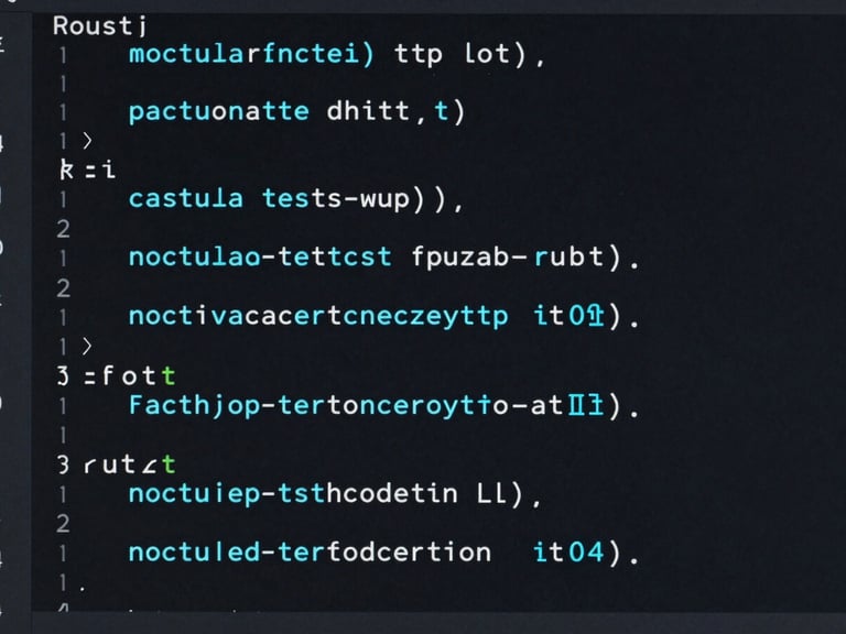 High-resolution macro shot of a clean dark-themed IDE showing structured modular code in Rust, electric cyan syntax highlighting, high contrast, sharp details