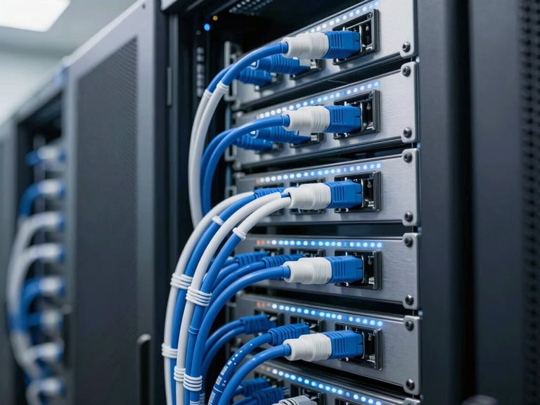 Close-up of clean, organized enterprise server racks with blue and white patch cables, bright daylight with cool LED accents, sharp focus, professional 35mm photography