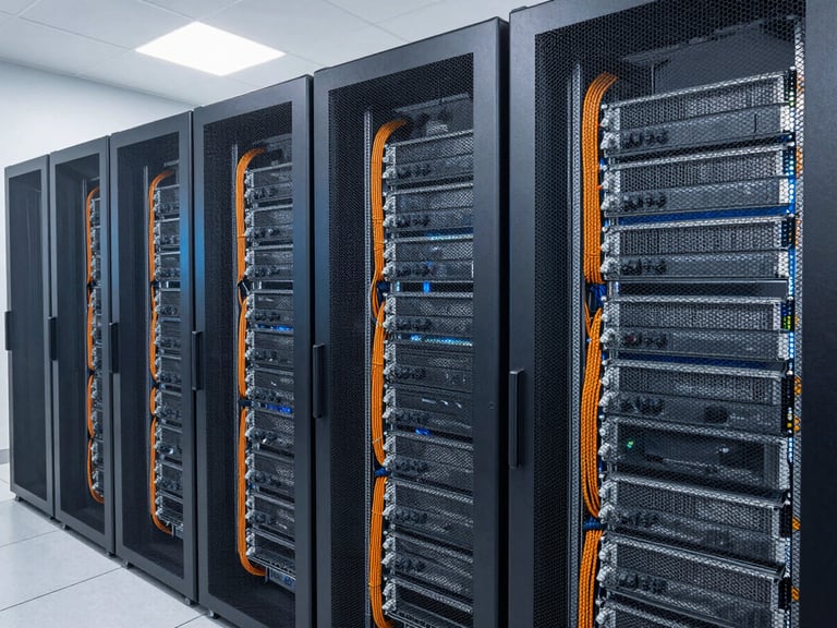 Wide environmental shot of clean enterprise server racks with perfectly organized gray and orange cabling, bright daylight mixed with cool LED server-room tones, sharp focus, professional 35mm photography.