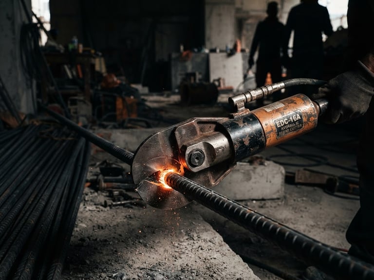 High-contrast industrial key light on a heavy-duty hydraulic rebar cutter slicing through thick steel rebar on a dusty concrete construction site, dramatic shadows, cool workshop tones with warm metal highlights, 50mm lens.