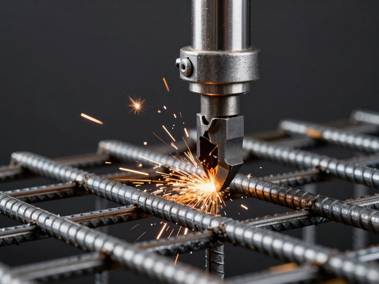 Close-up of a MATAKING hydraulic cutter jaw biting into a thick steel rebar cage, sparks flying, high-contrast key light, industrial textures, 50mm lens.
