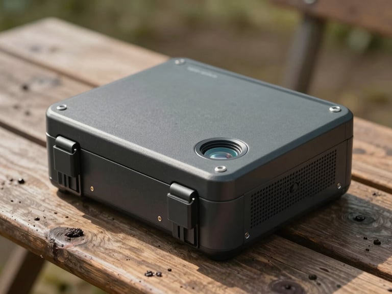 A close-up of a rugged, charcoal-colored portable PCR device resting on a muddy wooden field table, sharp directional natural light highlighting its robust hinges and sealed optical deck.