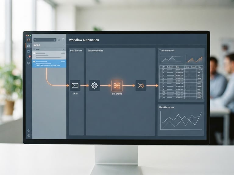 A clean software UI screenshot showing an automated data pipeline extracting order details from an email into a structured database, bright neutral office light, 35mm